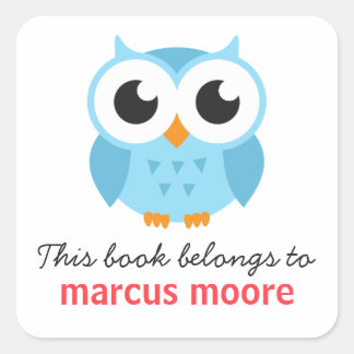 Cute blue baby owl animal cartoon bookplate book square sticker