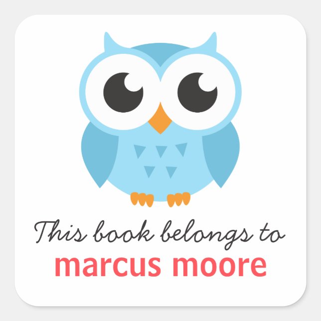 Cute blue baby owl animal cartoon bookplate book square sticker (Front)