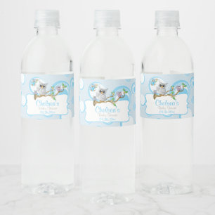 Cute Blue Baby Owls   Shower Theme Water Bottle Label