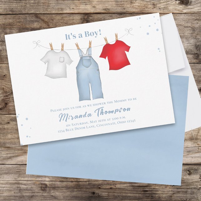 Cute Blue Baby Shower Clothesline Invitation (Creator Uploaded)