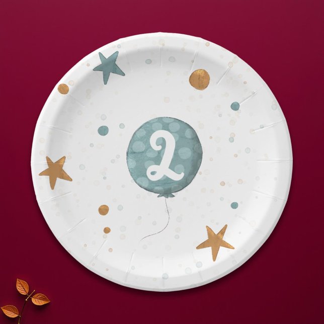 Cute Blue Balloon Boy 2nd Birthday Party Paper Plate (Creator Uploaded)