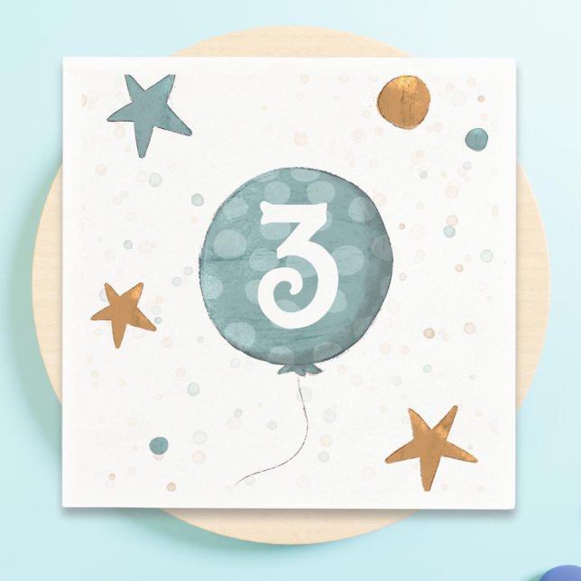Cute Blue Balloon Boy Third Birthday Party Napkin (Creator Uploaded)