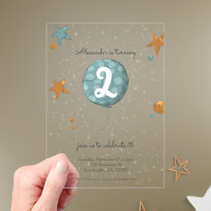 Cute Blue Balloon Second Birthday  Acrylic Invitations