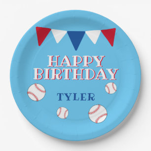 Cute Blue Baseball Ball Flag Kids Birthday Party Paper Plate
