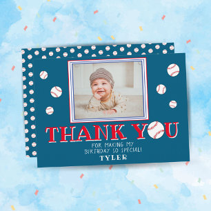 Cute Blue Baseball Ball Sports Birthday Photo Thank You Card
