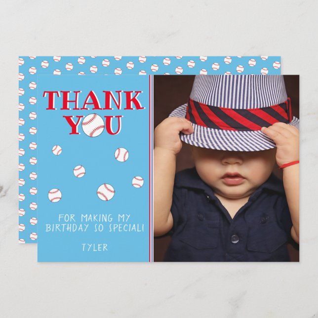 Cute Blue Baseball Ball Sports Birthday Photo Thank You Card (Front/Back)