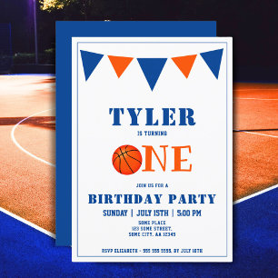 Cute Blue Basketball 1st Birthday Party Invitation