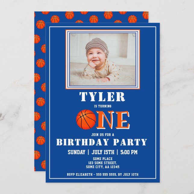 Cute Blue Basketball Photo 1st Birthday Invitation (Front/Back)