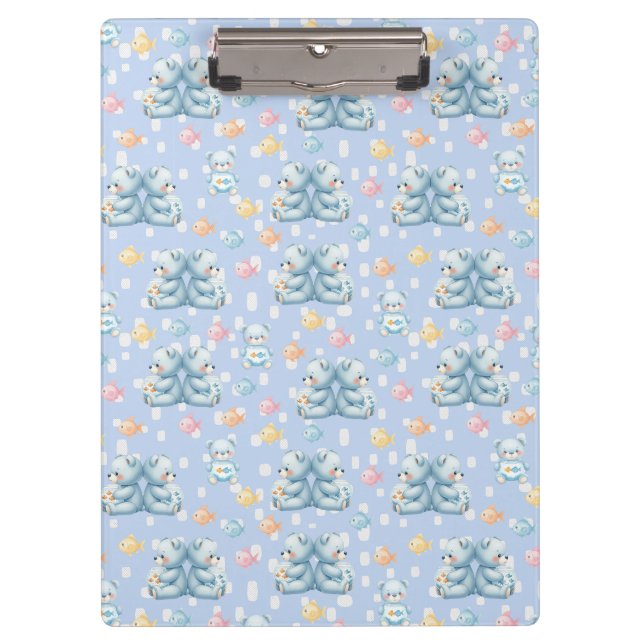 Cute Blue Bear and Fish Seamless Pattern Clipboard (Front)