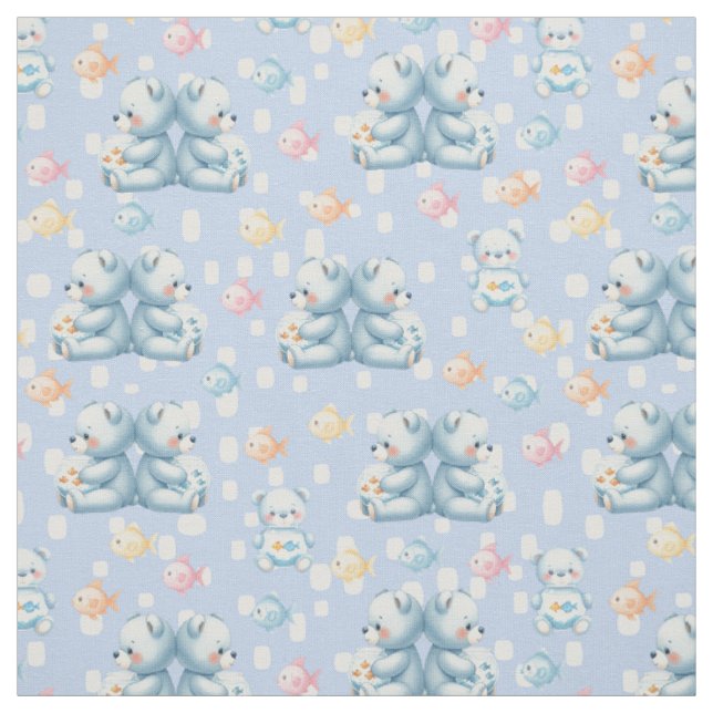 Cute Blue Bear and Fish Seamless Pattern Fabric (Swatch)