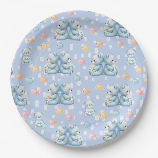 Cute Blue Bear and Fish Seamless Pattern Paper Plate (Front)