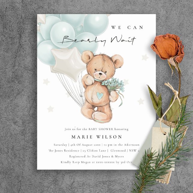 Cute Blue Bear Bearly Wait Balloon Baby Shower Postcard (Creator Uploaded)