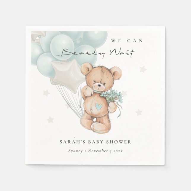 Cute Blue Bearly Wait Bear Balloon Baby Shower Napkin (Front)