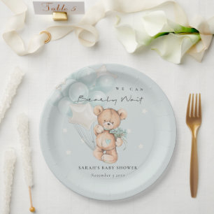 Cute Blue Bearly Wait Bear Balloon Baby Shower Paper Plate