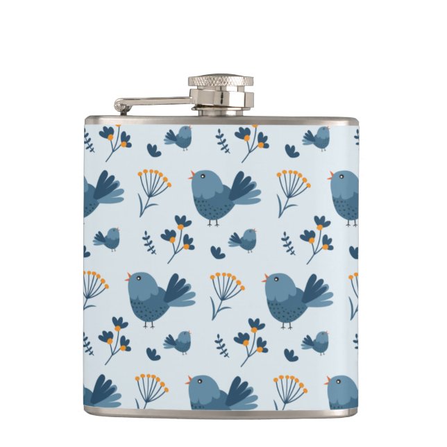 Cute Blue Bird and Berries illustrated Pattern Hip Flask (Front)
