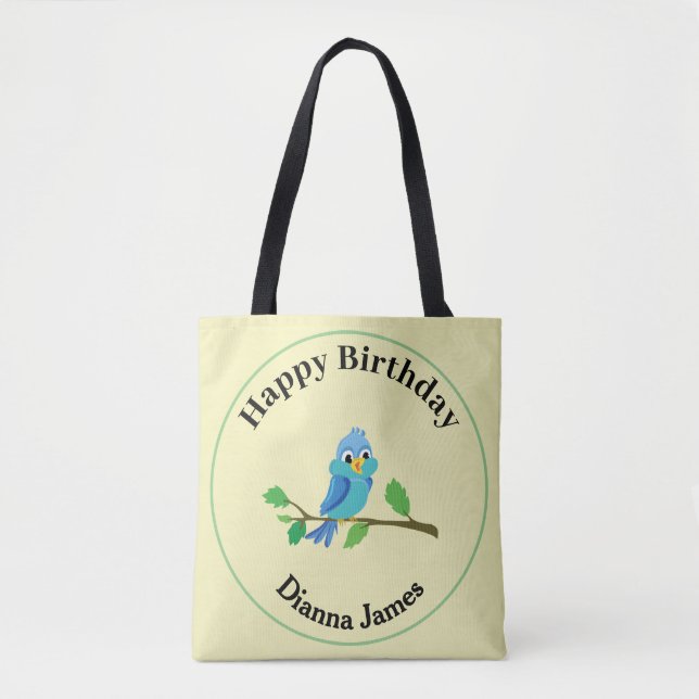 Cute Blue Bird Birthday Name Design Tote Bag (Front)