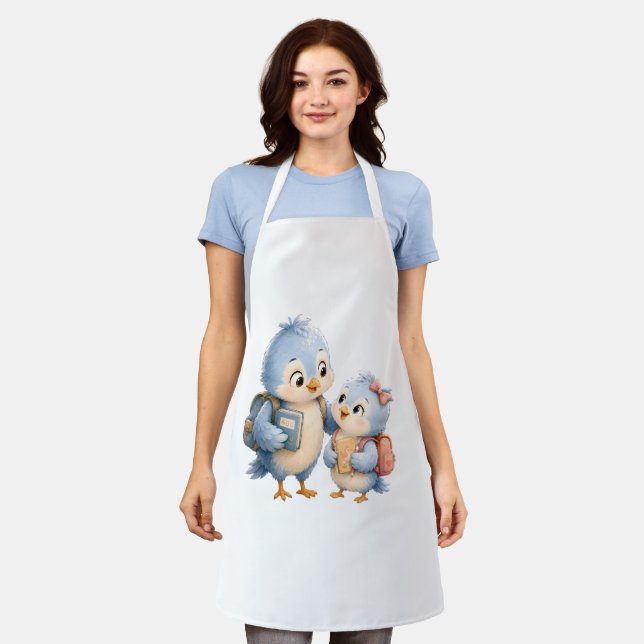 Cute Blue Bird Family Cooking Apron (Worn)