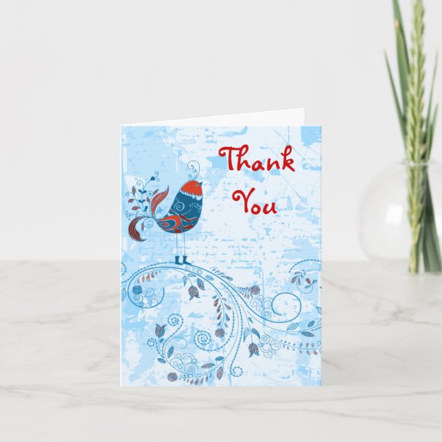 Cute Blue Bird Girly Retro Floral Fashion Thank You Card (Front)