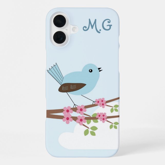 Cute Blue Bird in Blossom Tree Monogram iPhone Case (Back)