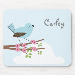 Cute Blue Bird in Blossom Tree Personalised Mouse Pad