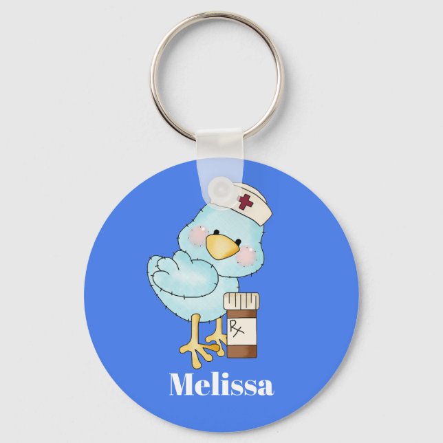 Cute blue bird nurse add name keychain (Front)