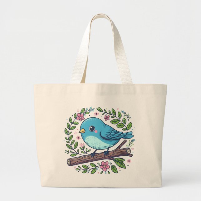 Cute Blue Bird Perched on a Blooming Branch Large Tote Bag (Front)