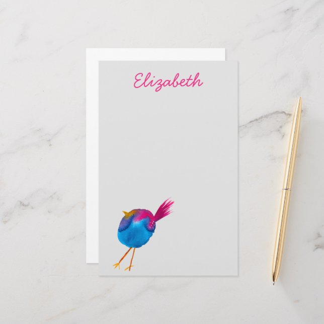Cute blue bird watercolor stationery (Front/Back In Situ)