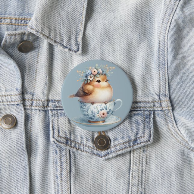 Cute Blue Bird with Floral Crown in Teacup 7.5 Cm Round Badge (In Situ)