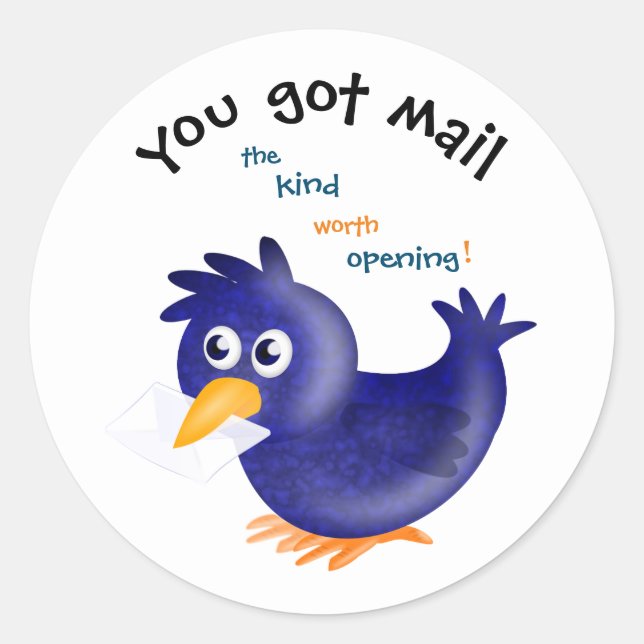 Cute Blue Bird, You Got Mail Classic Round Sticker (Front)