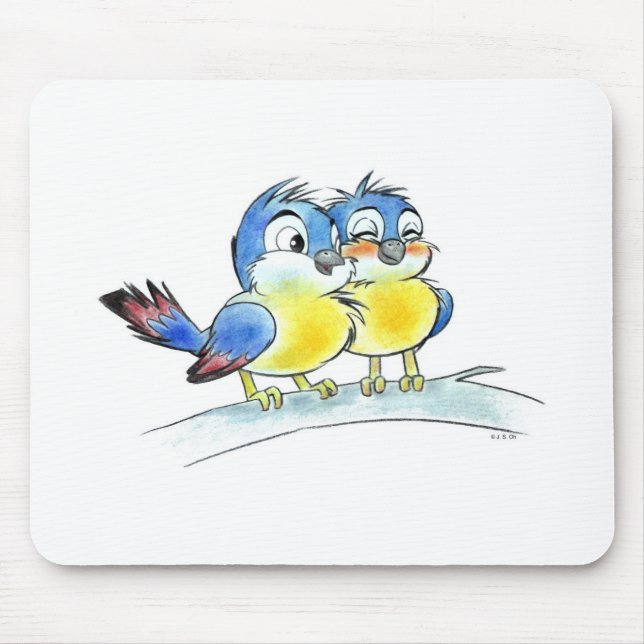 Cute Blue Birds Coloured Pencil Art Mouse Pad (Front)