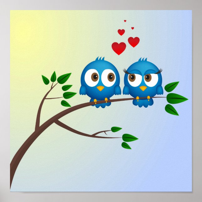 Cute blue birds in love cartoon poster (Front)