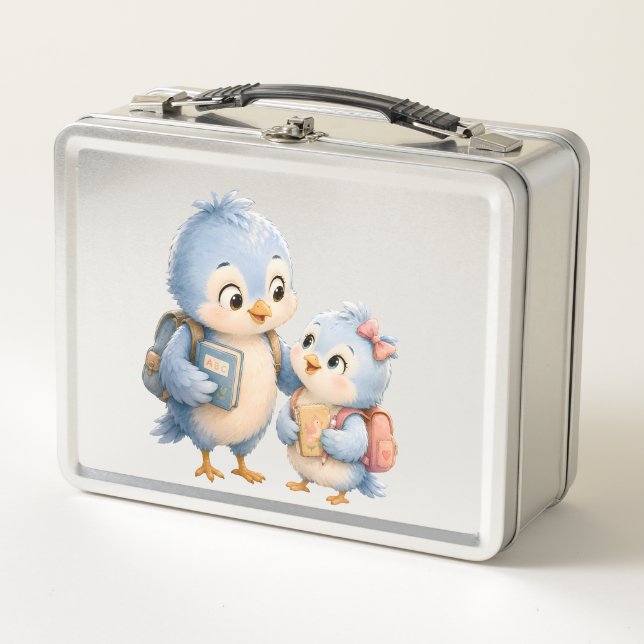 Cute Blue Birds Silver Lunch Box (Front)