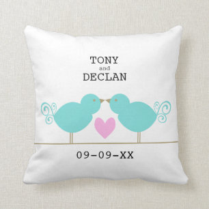 Cute Blue Birds With Pink Heart Pillow