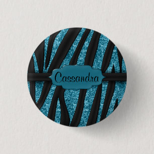 Cute Blue Black Glittery Zebra Striped Print 3 Cm Round Badge