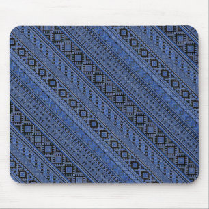 Cute blue black Ukrainian ornament stripes Mouse Pad
