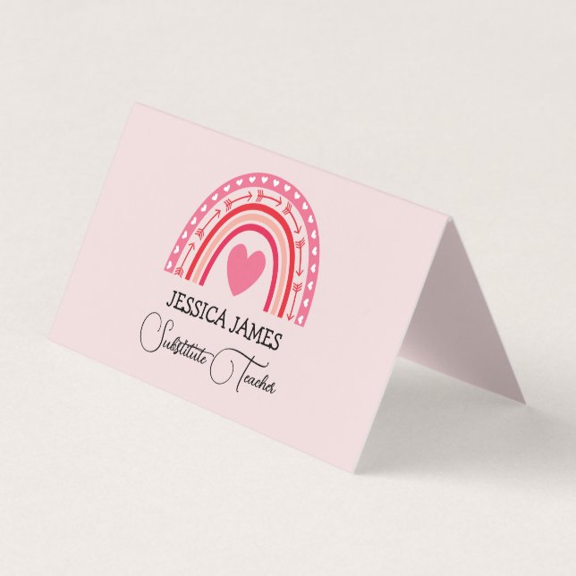  Cute Blue Boho Rainbow Substitute Teacher Business Card (Front)