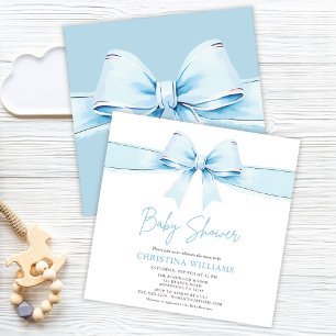 Cute Blue Bow Boy Baby Shower Invitation