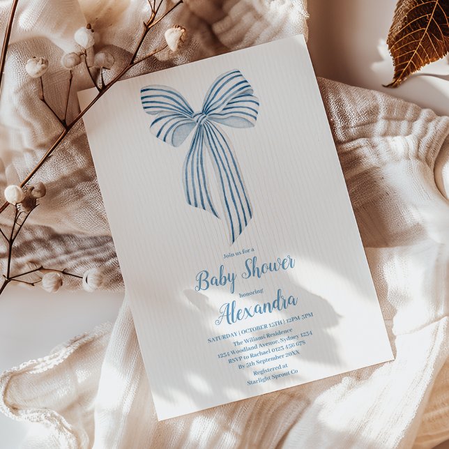 Cute Blue Bow Ribbon Baby Boy Shower  Invitation (Creator Uploaded)
