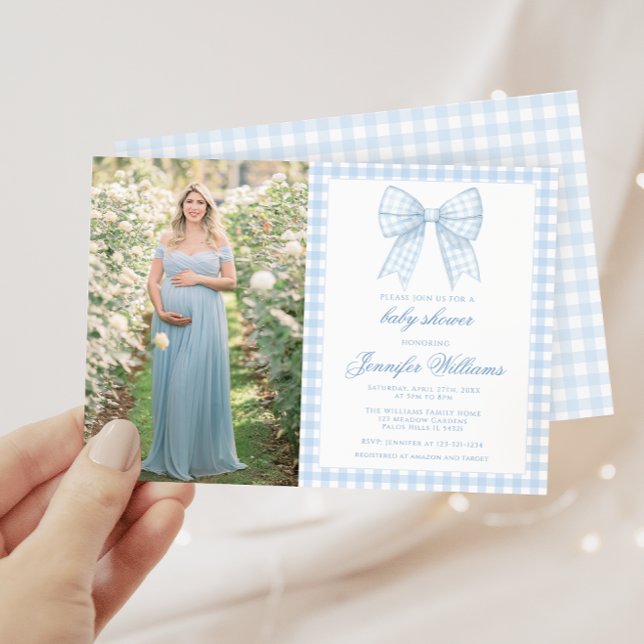 Cute blue bow ribbon baby boy shower photo invitation (Creator Uploaded)