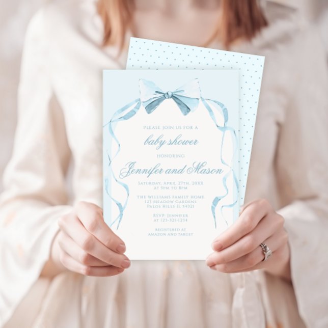 Cute blue bow ribbon boho baby boy shower invitation (Creator Uploaded)