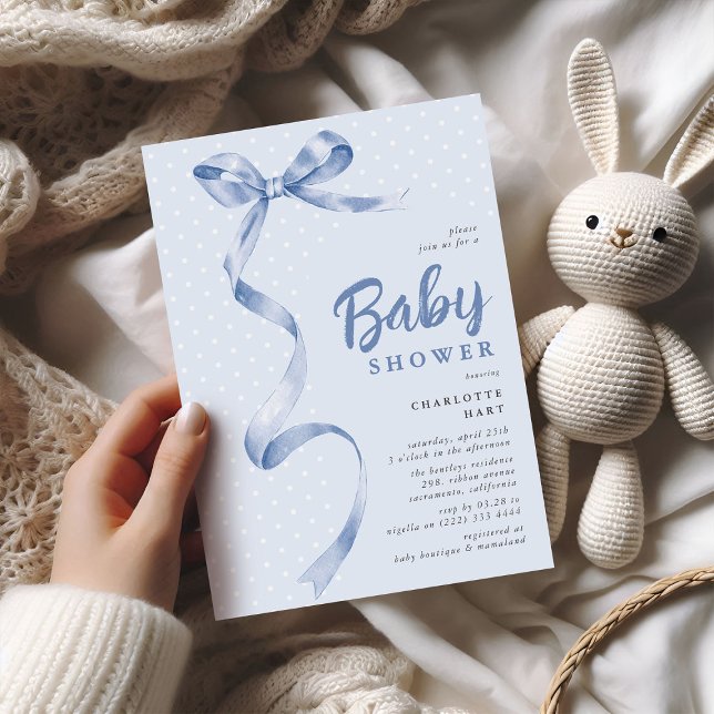 Cute Blue Bow Ribbon Boy Baby Shower Invitation (Creator Uploaded)