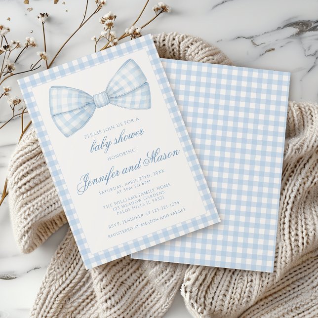 Cute blue bow ribbon gingham baby boy shower invitation (Creator Uploaded)