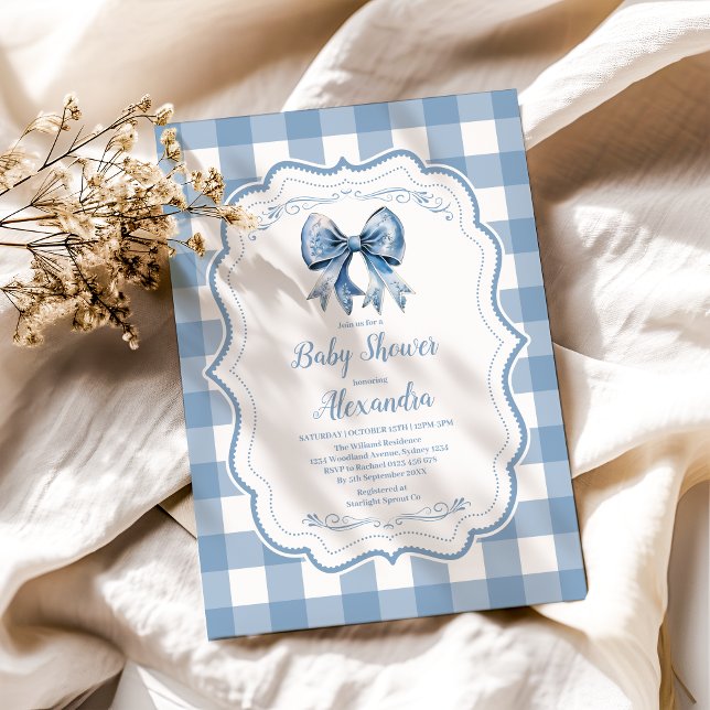 Cute Blue Bow Ribbon Gingham Baby Shower Invitation (Creator Uploaded)