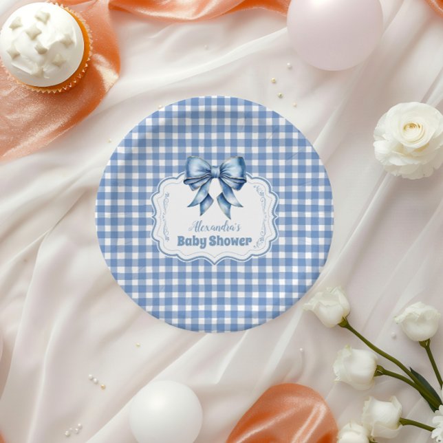 Cute Blue Bow Ribbon Gingham Paper Plate (Creator Uploaded)