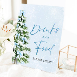 Cute Blue Bows Christmas Tree Food and Drinks Pedestal Sign