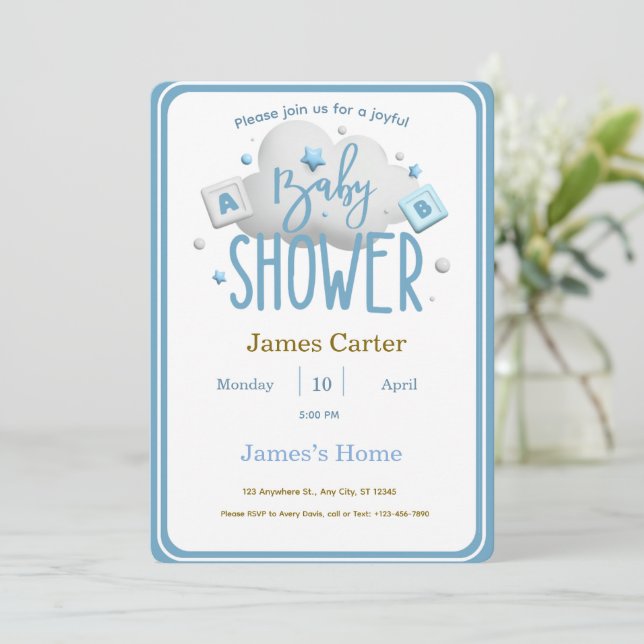 Cute Blue Boy Baby Shower Invitation (Standing Front)