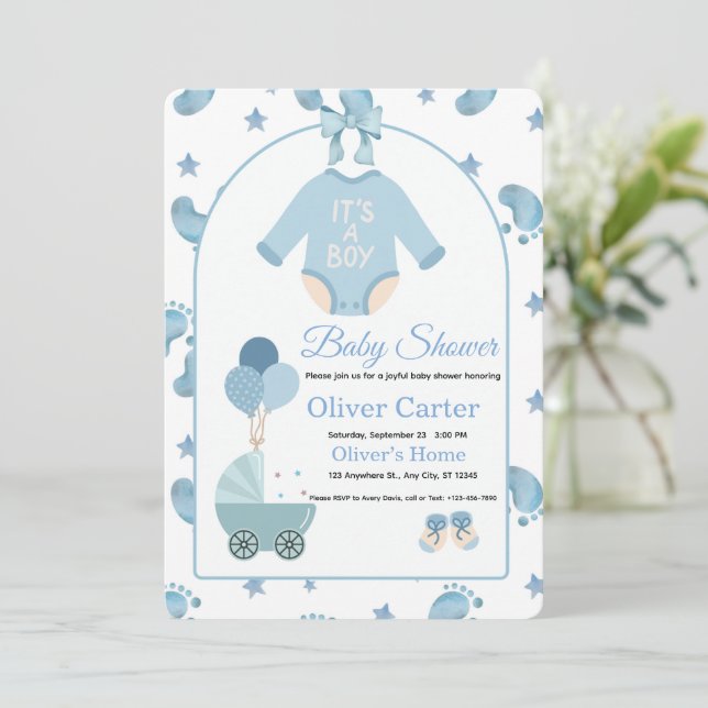 Cute Blue Boy Baby Shower Invitation (Standing Front)