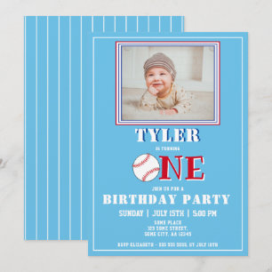 Cute Blue Boy Baseball Photo 1st Birthday Invitation