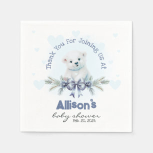 Cute Blue Boy Bear Cub Hearts Winter Baby Shower Napkin
