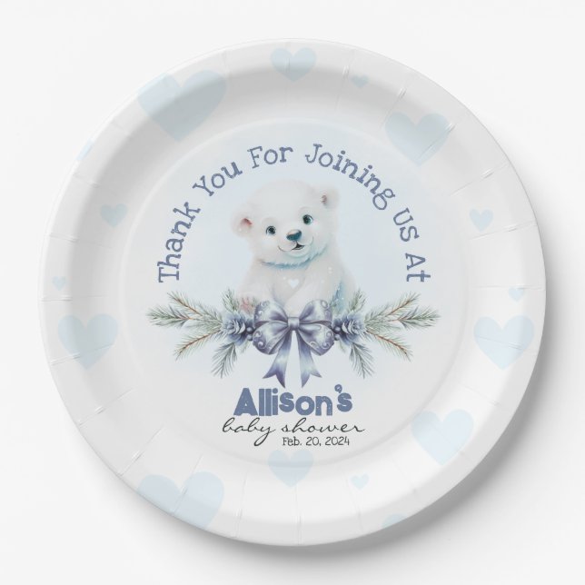 Cute Blue Boy Bear Cub Hearts Winter Baby Shower Paper Plate (Front)